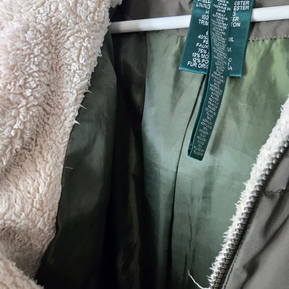 Lauren Ralph Lauren Size S Green Down Puffer Parka Coat Faux Fur Hood - Picture 14 of 16